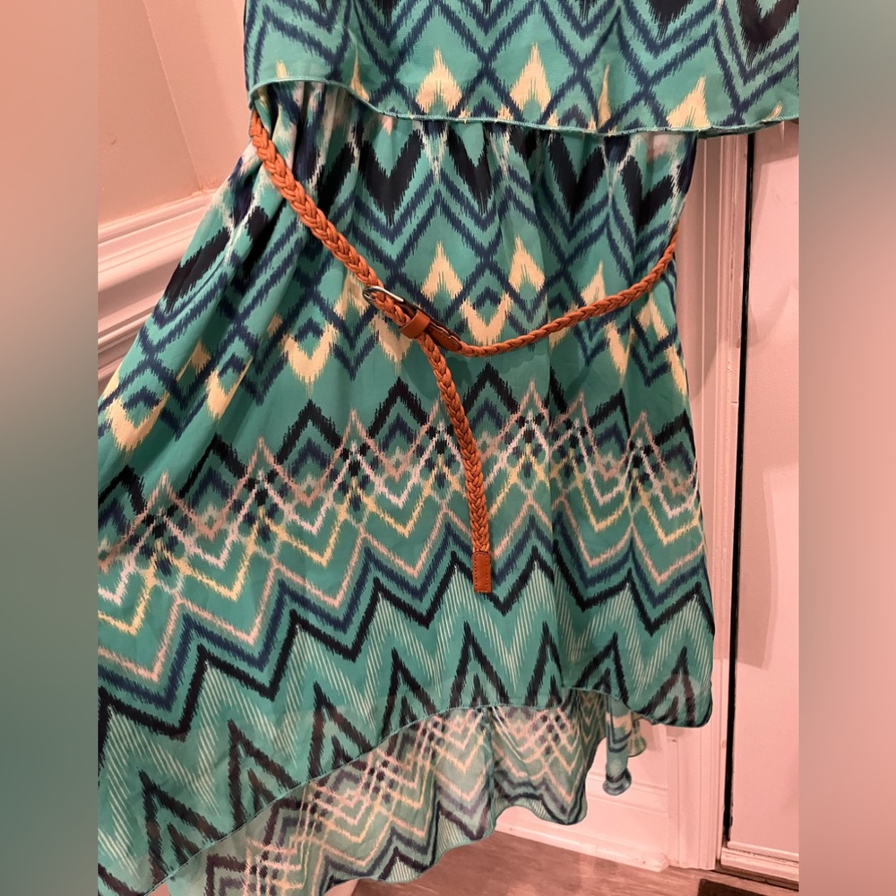 Green/blue low-high dress with belt. Size large.